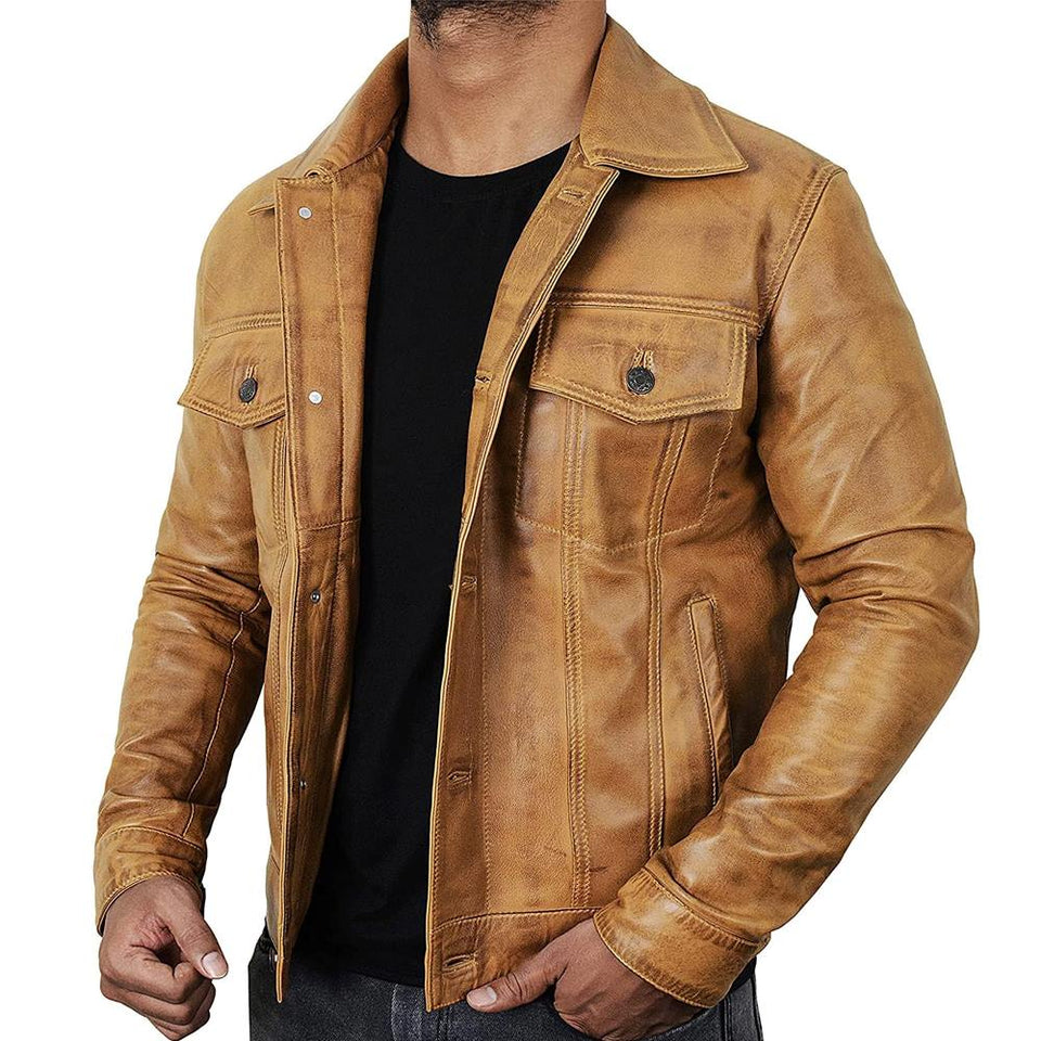 Trucker Vintage Style Real Lambskin Leather Jacket for Men