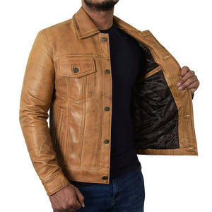Trucker Vintage Style Real Lambskin Leather Jacket for Men