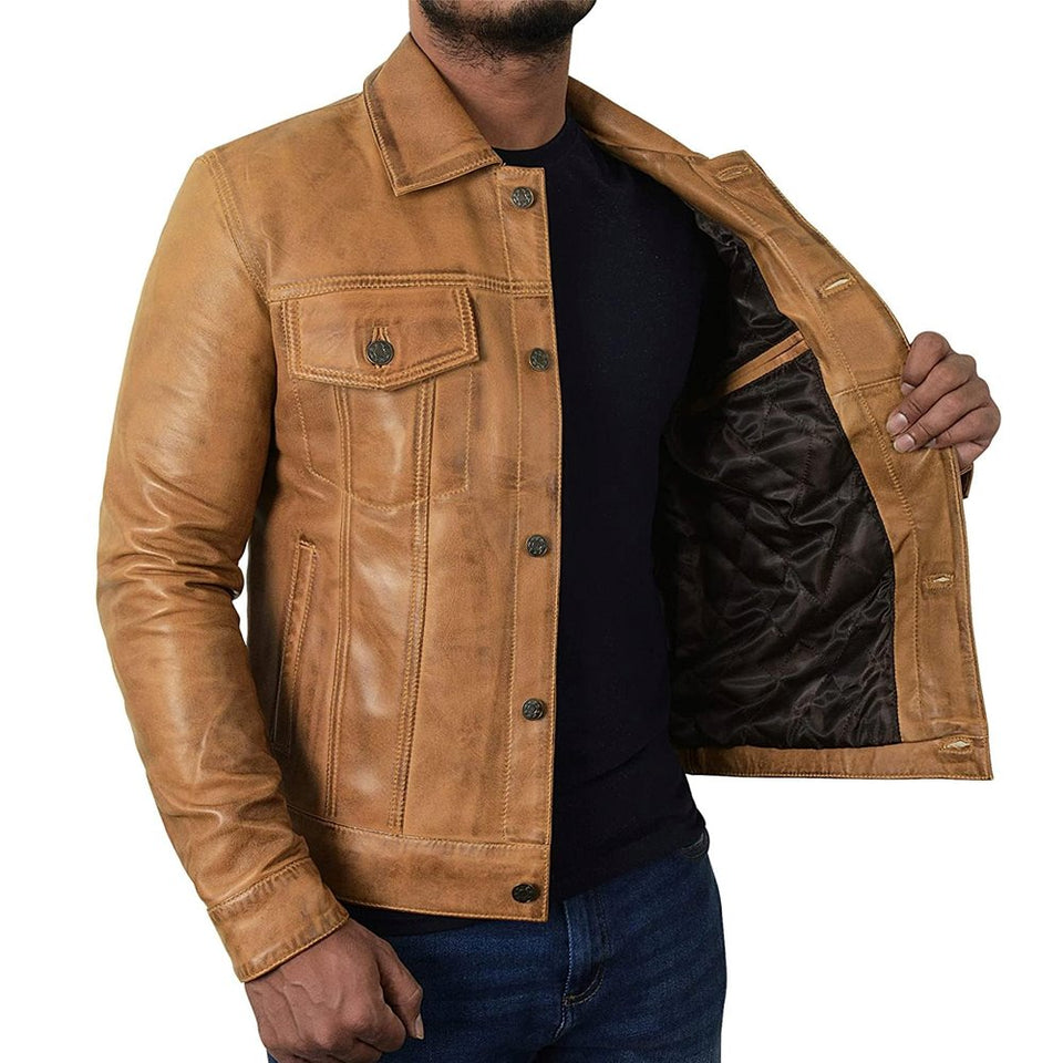Trucker Vintage Style Real Lambskin Leather Jacket for Men