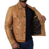 Trucker Vintage Style Real Lambskin Leather Jacket for Men