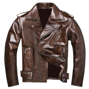 Brown Asymmetric Vintage Biker Genuine Cowhide Leather Jacket for Men