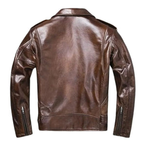 Brown Asymmetric Vintage Biker Genuine Cowhide Leather Jacket for Men