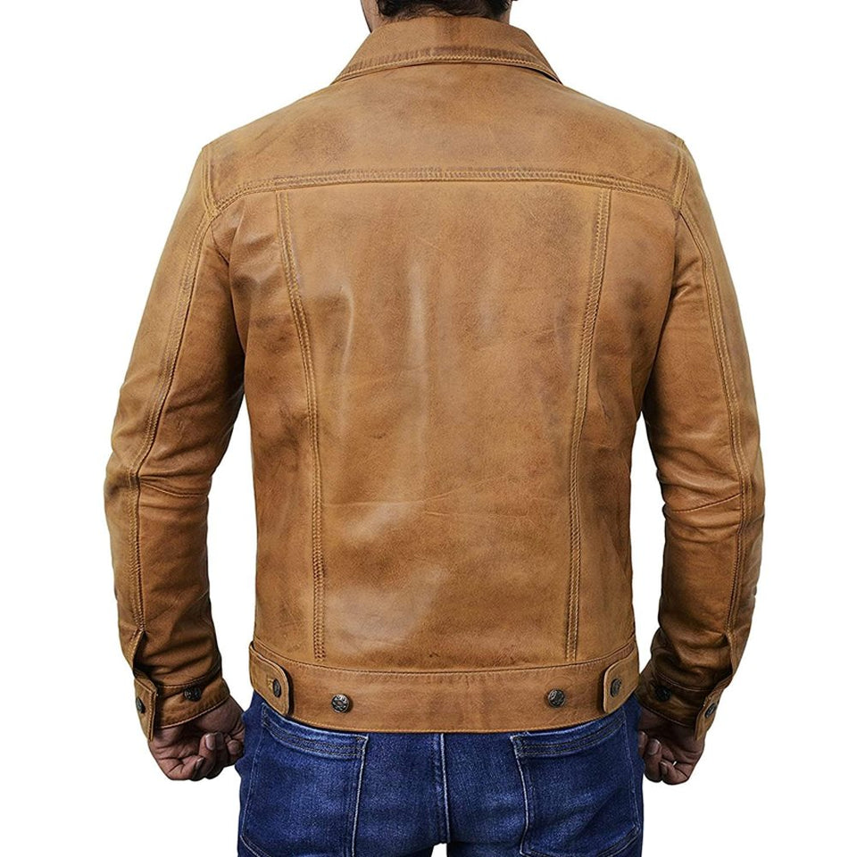 Trucker Vintage Style Real Lambskin Leather Jacket for Men