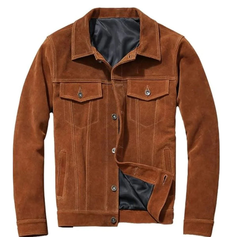 Brown Vintage Bike-Rider Genuine Suede Leather Jacket  for Men