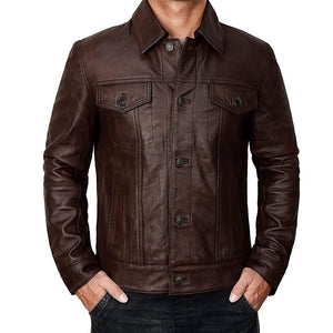 Trucker Vintage Style Real Lambskin Leather Jacket for Men