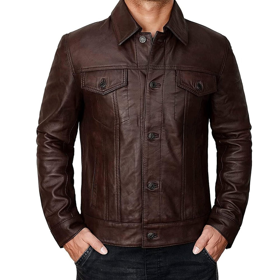 Trucker Vintage Style Real Lambskin Leather Jacket for Men