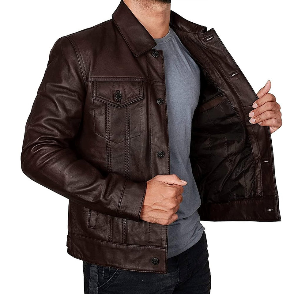 Trucker Vintage Style Real Lambskin Leather Jacket for Men