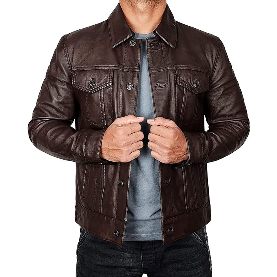 Trucker Vintage Style Real Lambskin Leather Jacket for Men