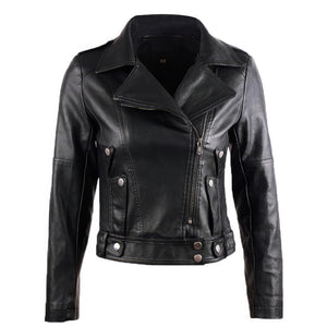 Black Slim-Fit Motorcycle Genuine Sheepskin  Leather Jacket for Women