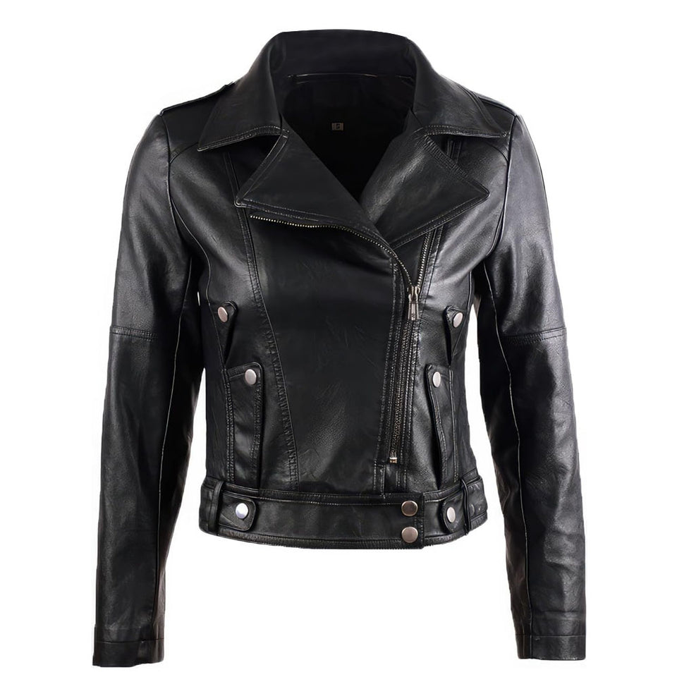 Black Slim-Fit Motorcycle Genuine Sheepskin  Leather Jacket for Women