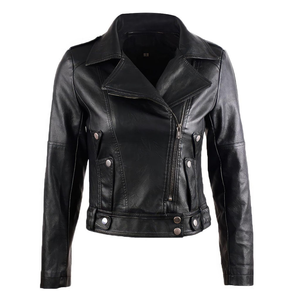 Black Slim-Fit Motorcycle Genuine Sheepskin  Leather Jacket for Women