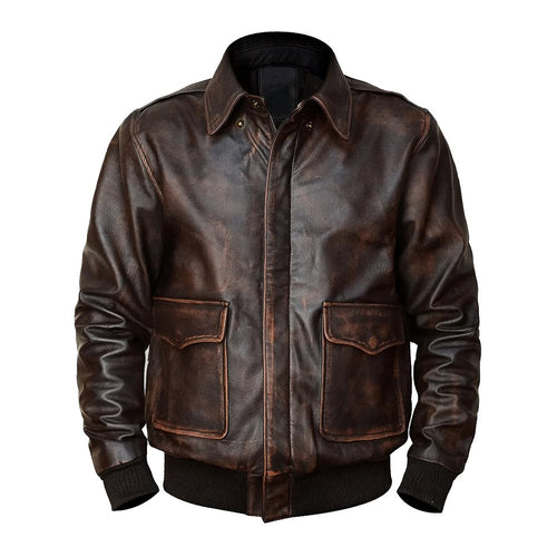 A2 Aviator Distressed  Cowhide Brown Bomber Genuine Leather Jacket For Men