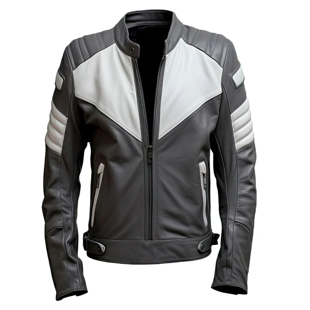 Charcoal Grey White Sheepskin Moto Quilted Racer Leather Jacket for Men