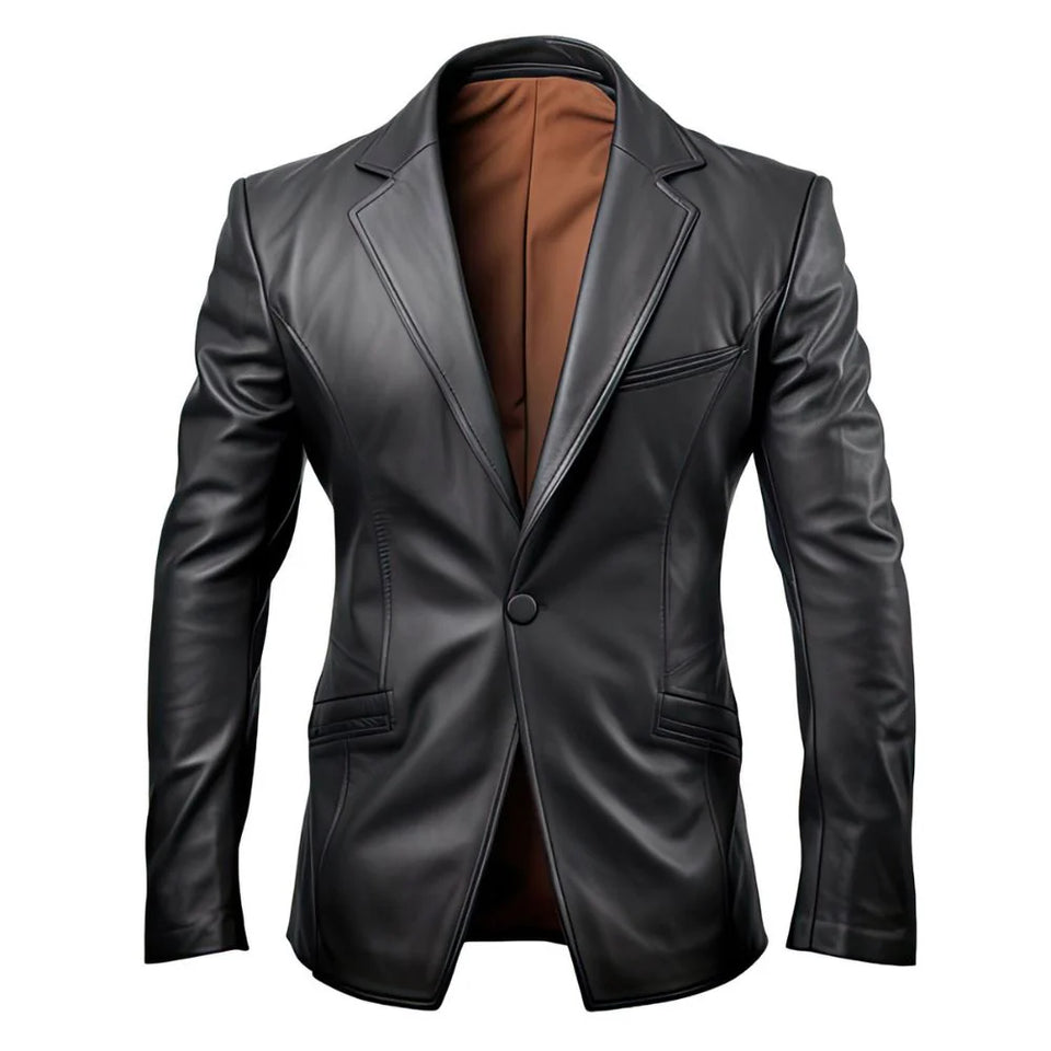 Black Genuine Sheepskin Blazer Notch Lapel collar Leather Coat for Men