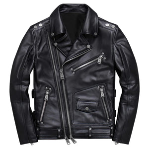 Black Genuine Sheepskin Asymmetrical Slim-Fit Leather Jacket for Men