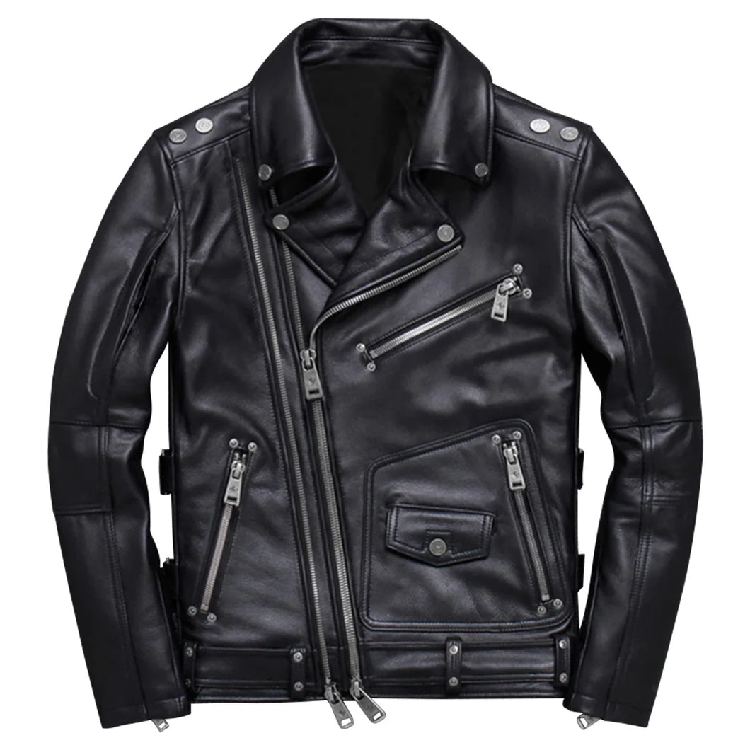 Black Genuine Sheepskin Asymmetrical Slim-Fit Leather Jacket for Men