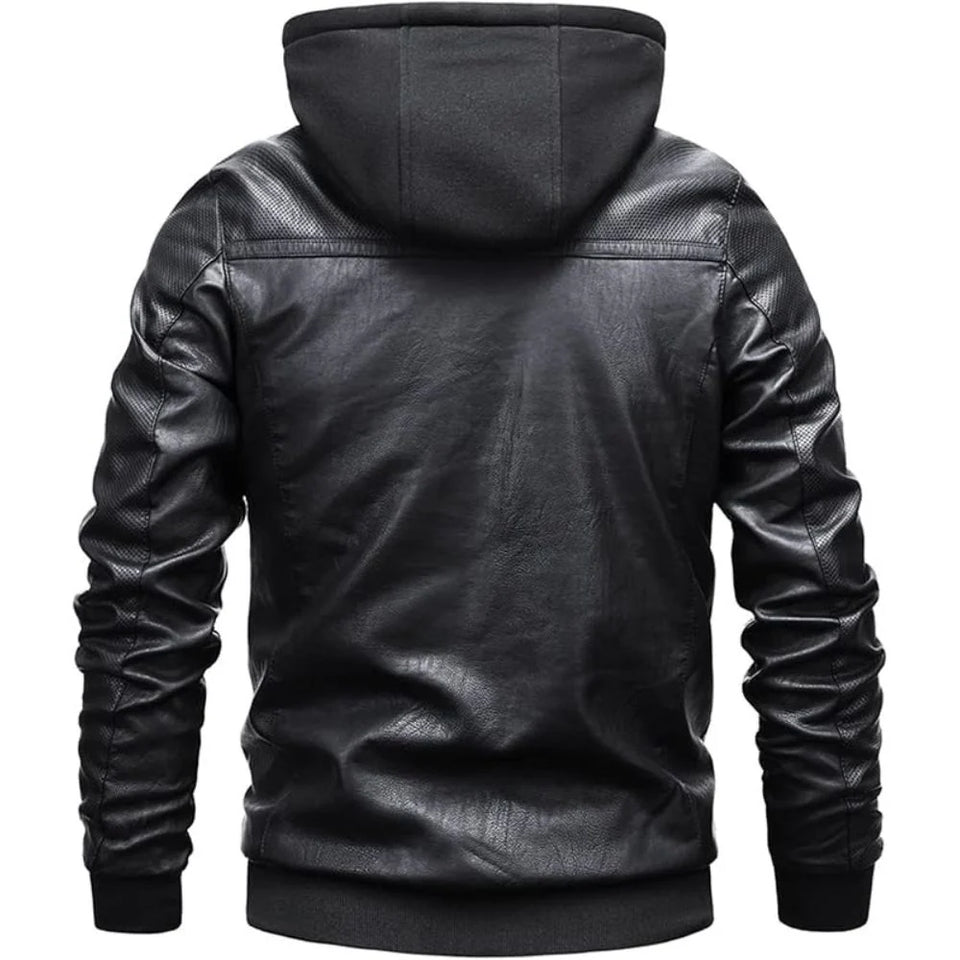 Black Sheepskin Faux Shearling Fur Lining Hoodie Leather Jacket for Men