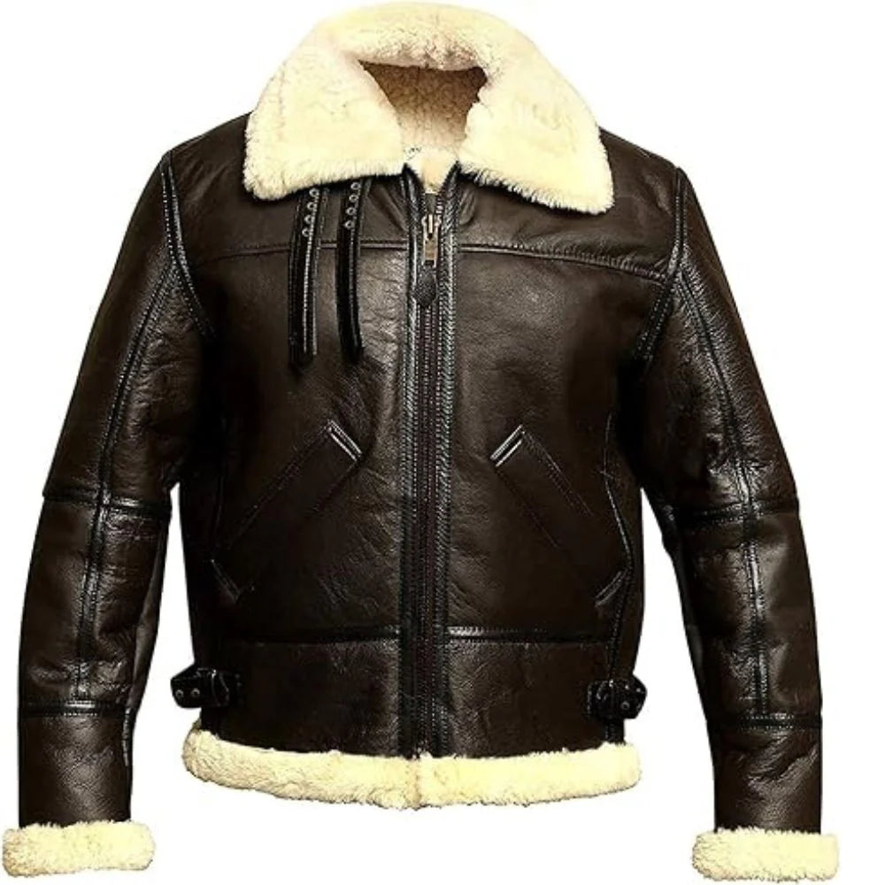 Brown Classic Aviator B3 Bomber Genuine Sheepskin Leather Jacket for Men