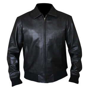 Men's Classic Black Leather Bomber Jacket