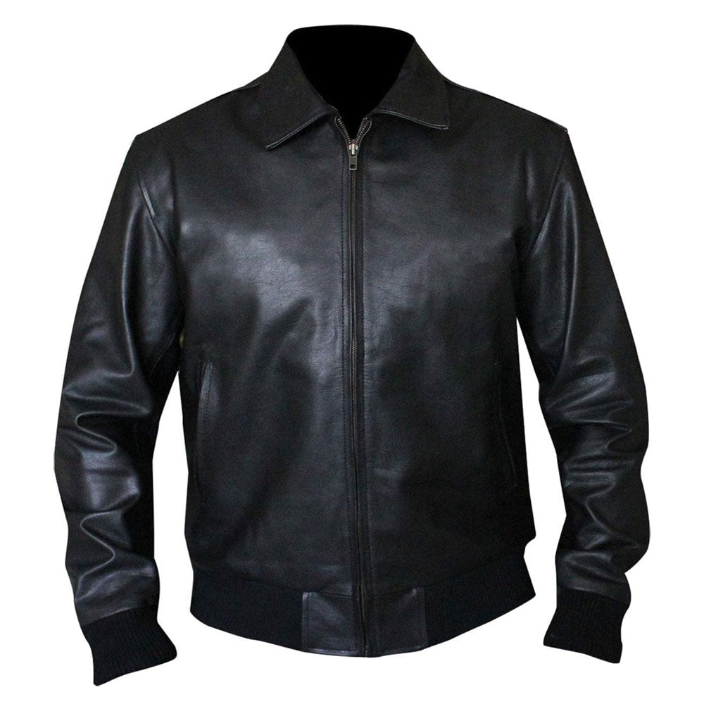 Men's Classic Black Leather Bomber Jacket
