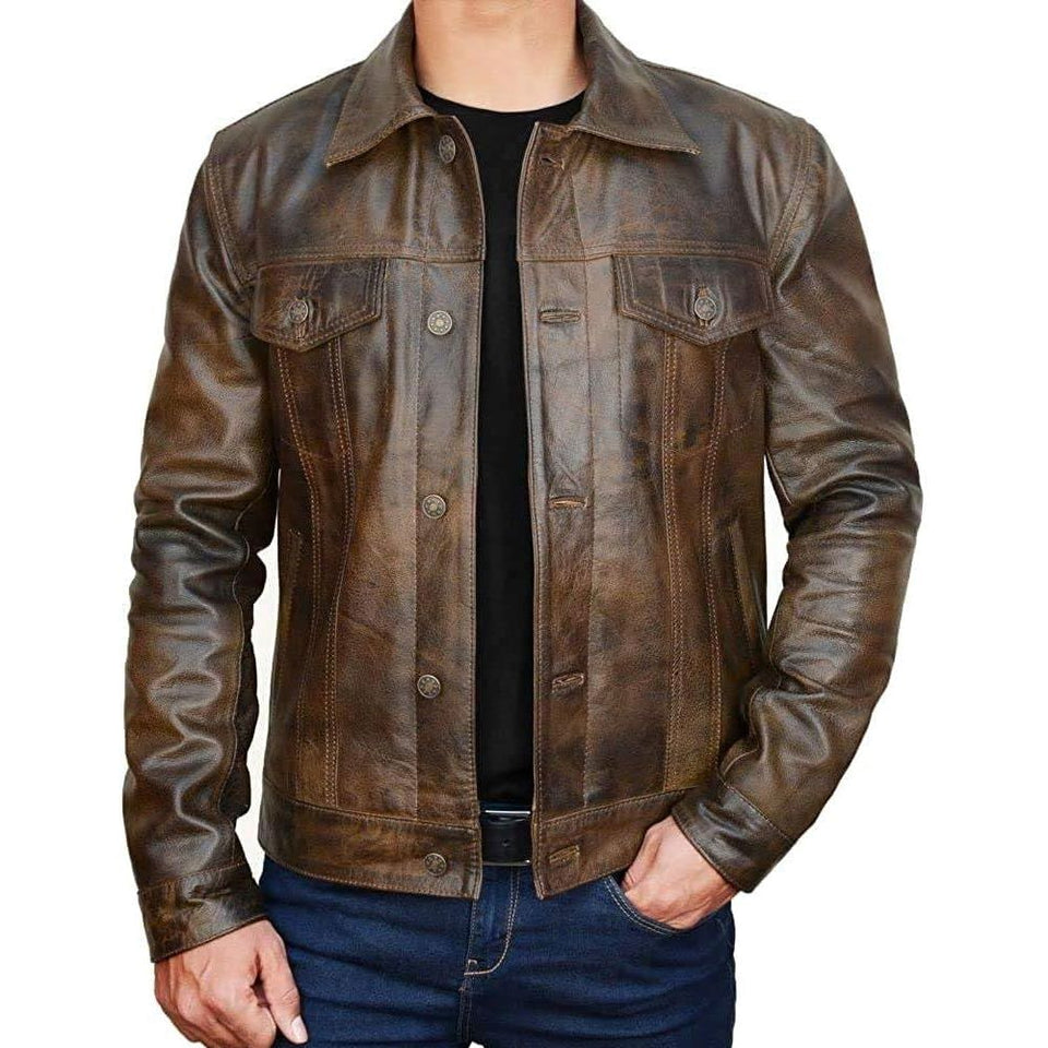 Trucker Vintage Style Real Lambskin Leather Jacket for Men