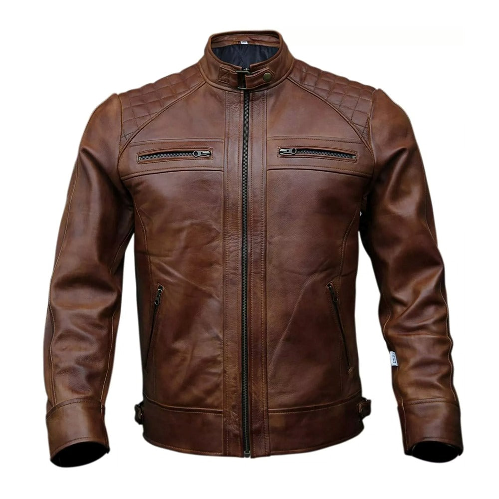 Brown Stand-up Collar Genuine Sheepskin Diamond Leather Biker Jacket For Men