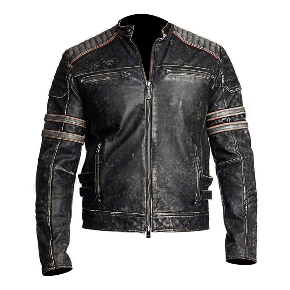 Vintage Cafe Racer Black Distressed Retro Leather Jacket for Men