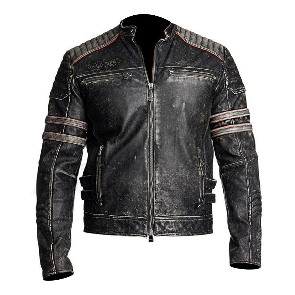 Vintage Cafe Racer Black Distressed Retro Leather Jacket for Men