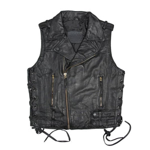 Vintage Retro Black Motorcycle Genuine Cowhide Leather Vest for Men