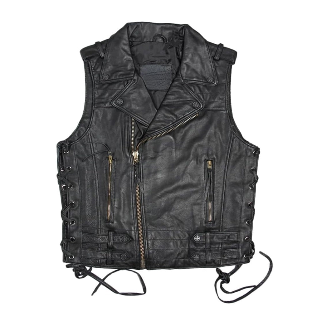 Vintage Retro Black Motorcycle Genuine Cowhide Leather Vest for Men