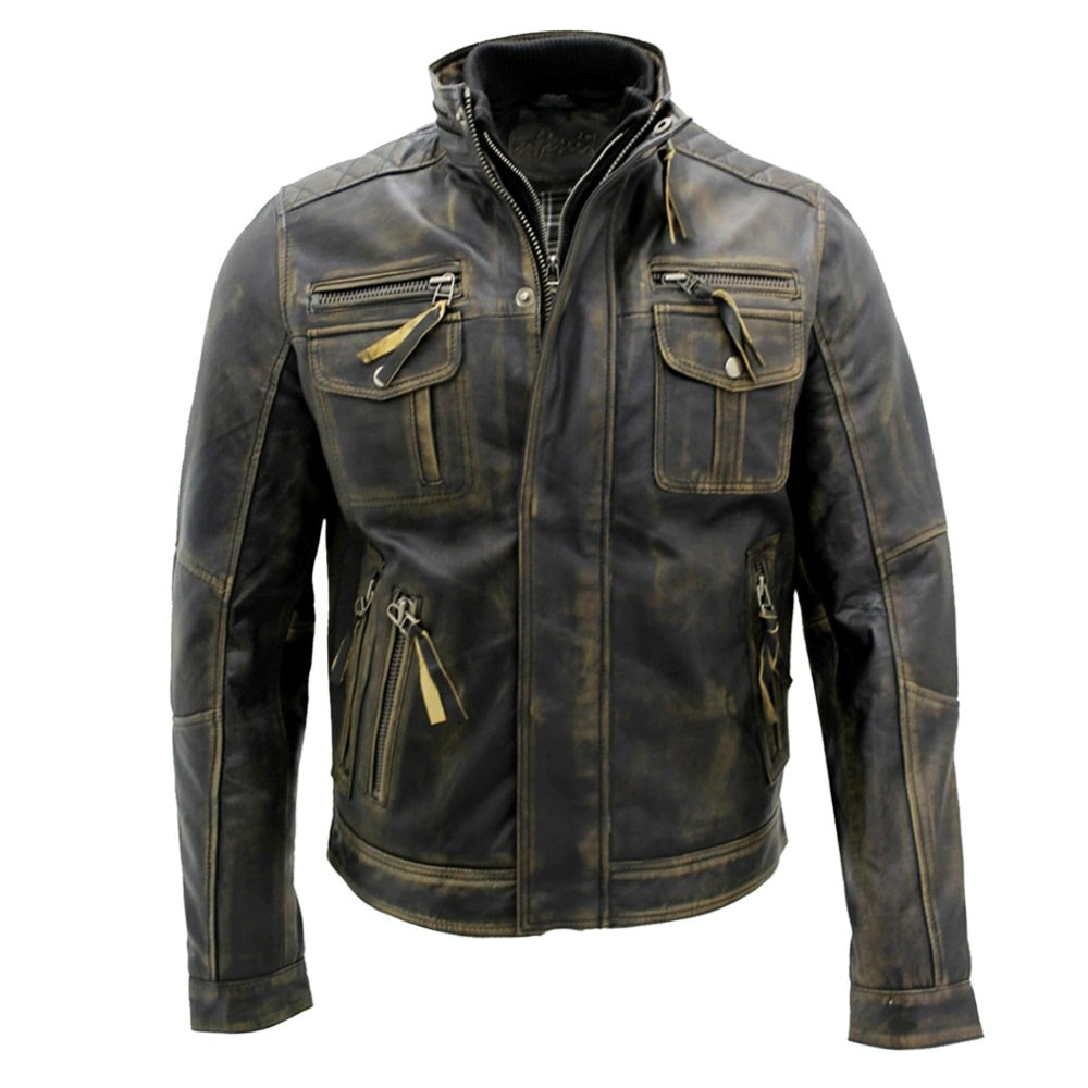 Distressed Brown Motorcycle Genuine Cowhide Leather Jacket for Men