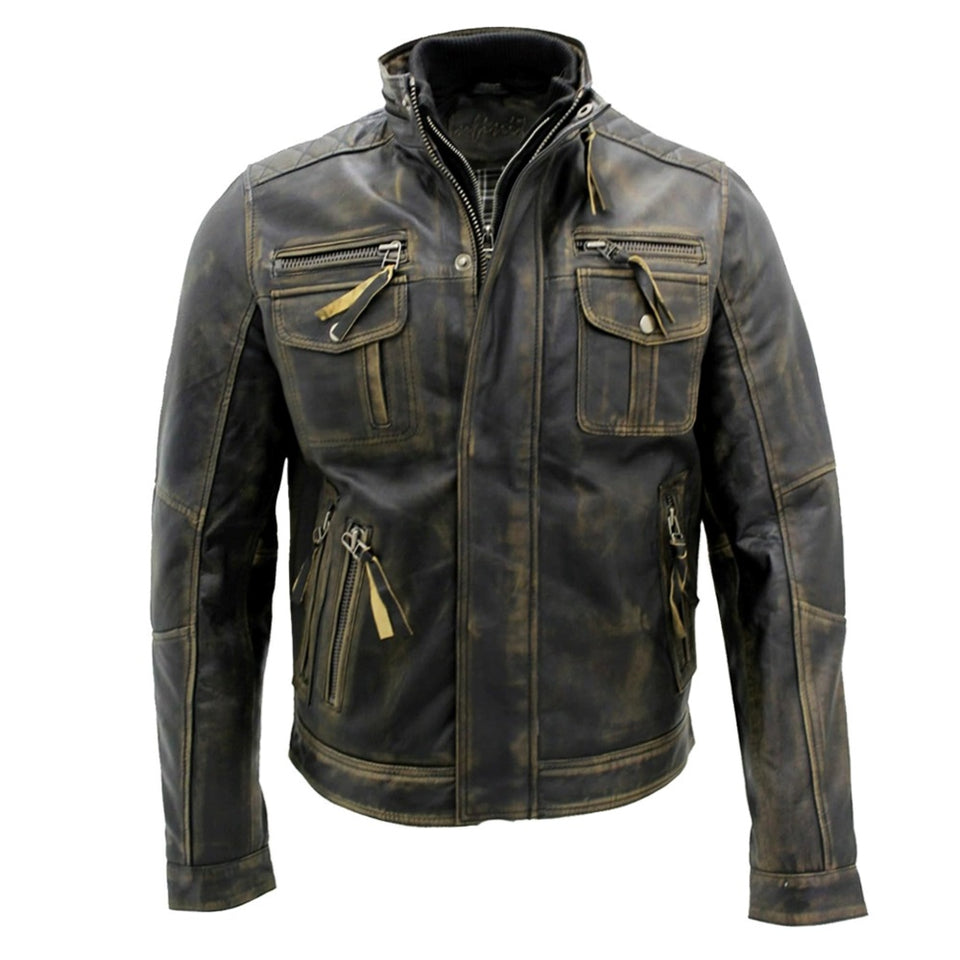 Distressed Brown Motorcycle Genuine Cowhide Leather Jacket for Men