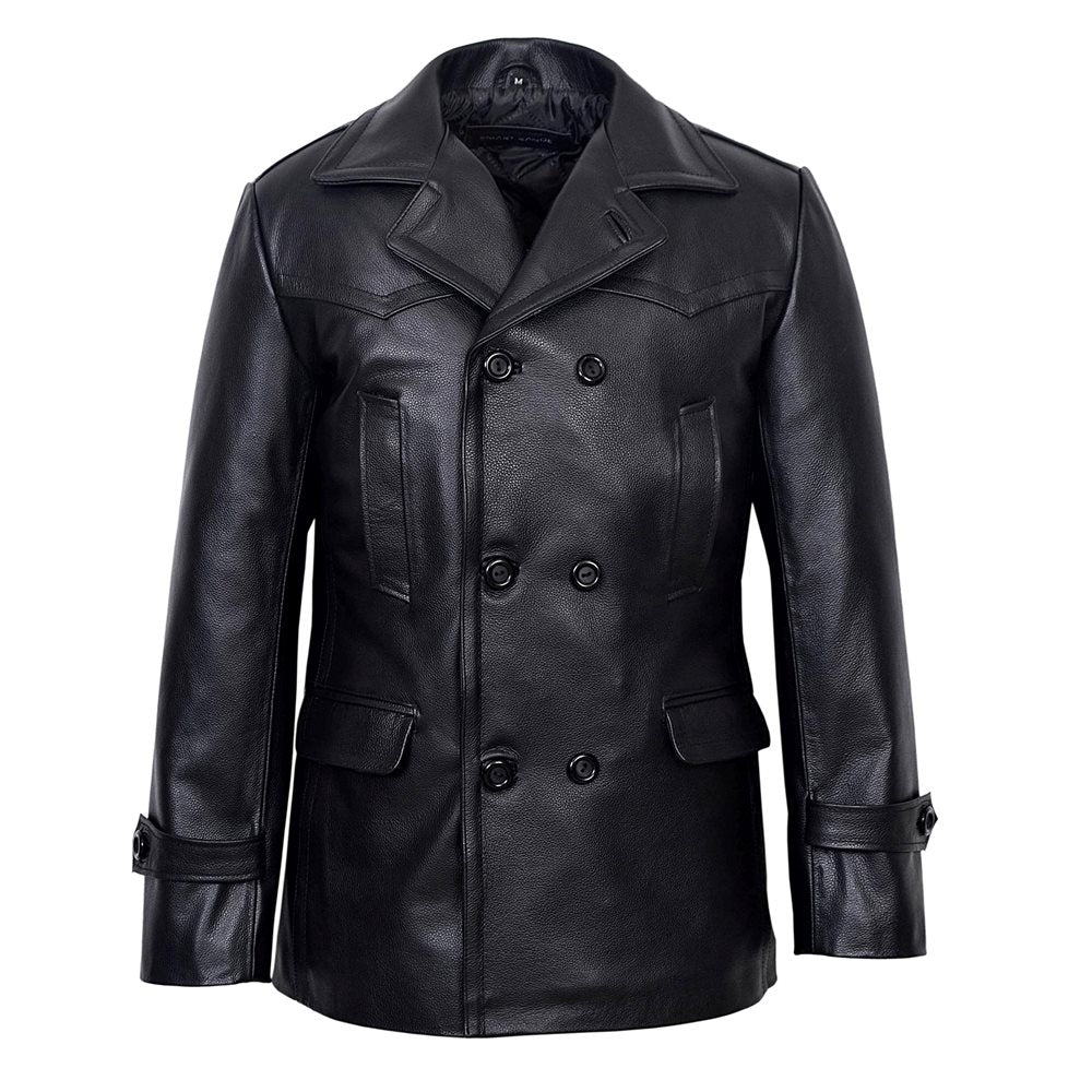 Vintage Black German Classic WW2 Officer Lambskin Leather Coat For Men