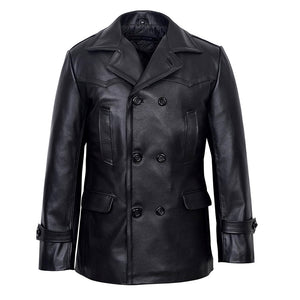 Vintage Black German Classic WW2 Officer Lambskin Leather Coat For Men
