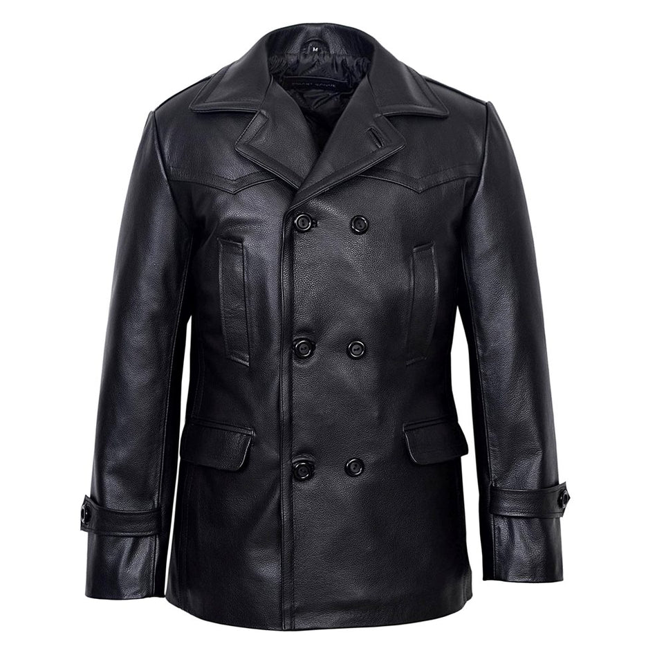 Vintage Black German Classic WW2 Officer Lambskin Leather Coat For Men
