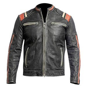 Vintage Distressed Black Café Racer Lambskin Leather Jacket For Men