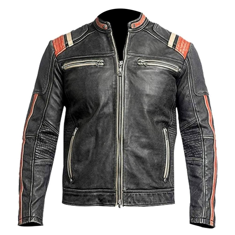 Vintage Distressed Black Café Racer Lambskin Leather Jacket For Men