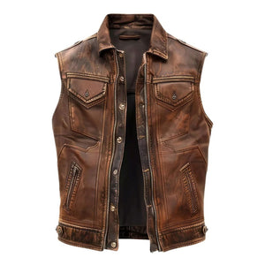 Vintage Distressed Brown Premium Leather Motorcycle Vest for Men