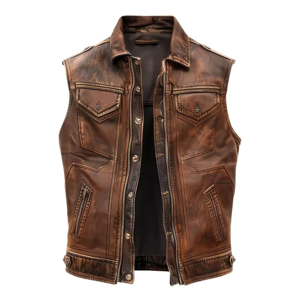 Vintage Distressed Brown Premium Leather Motorcycle Vest for Men