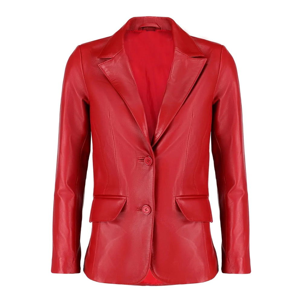 Black Notched-Collar Casual Genuine Sheepskin Leather Blazer for Women