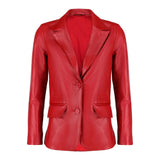 Black Notched-Collar Casual Genuine Sheepskin Leather Blazer for Women