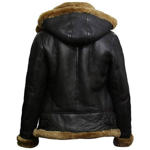 B3 Hooded Bomber Faux Shearling Sheepskin Leather Jackets for Women