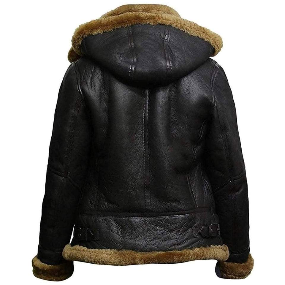 B3 Hooded Bomber Faux Shearling Sheepskin Leather Jackets for Women
