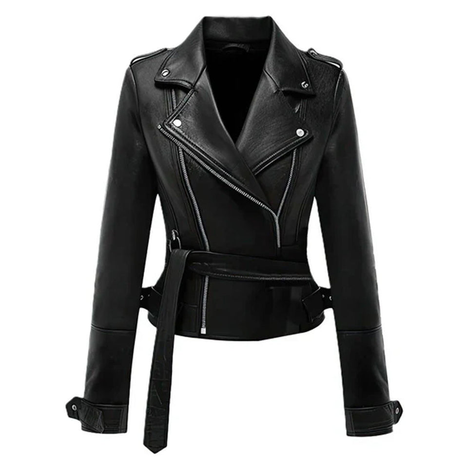 Premium Asymmetrical Brando Black Sheepskin Biker Leather Jacket for Women