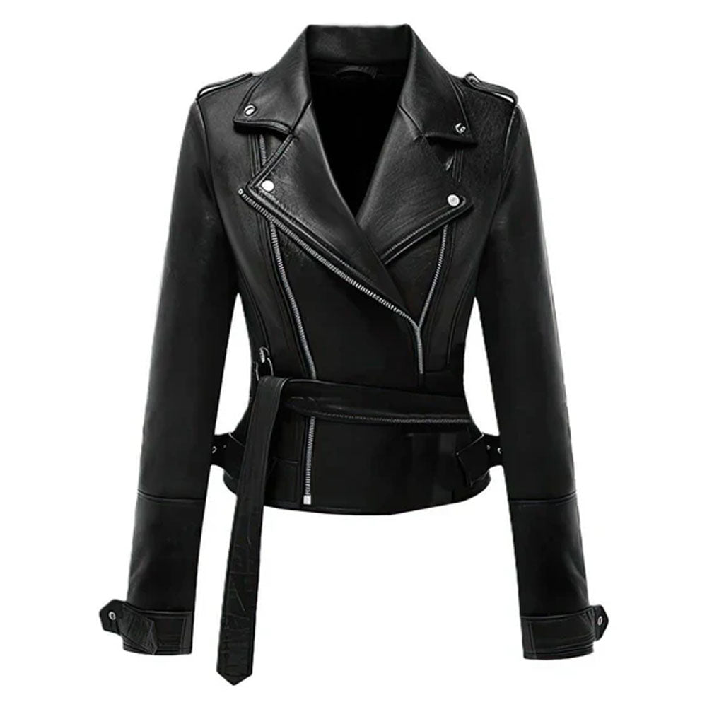 Premium Asymmetrical Brando Black Sheepskin Biker Leather Jacket for Women