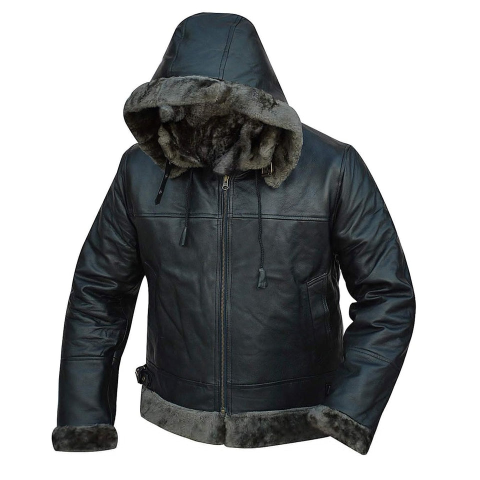 Aviator Black Removable Hood Shearling Sheepskin Leather Jacket for Men