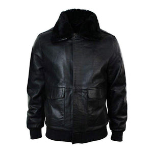 Black Aviator Bomber  Fur Collar Sheepskin Leather Jacket For Men