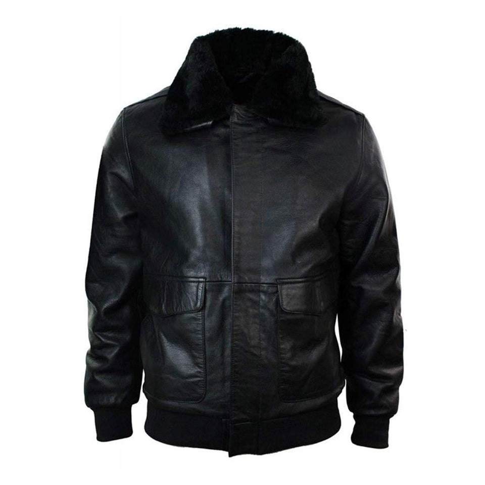 Black Aviator Bomber  Fur Collar Sheepskin Leather Jacket For Men