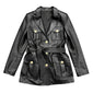 Solid Black Safari Belted Premium Sheepskin Leather Coat for Women