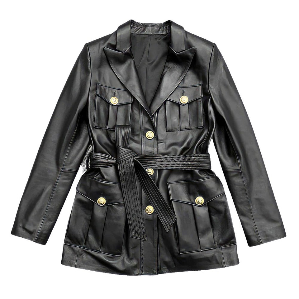 Solid Black Safari Belted Premium Sheepskin Leather Coat for Women